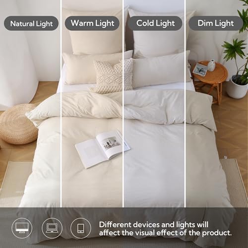 MILDLY Beige Striped Duvet Cover Set with Hidden Dual Zipper 8 Corner