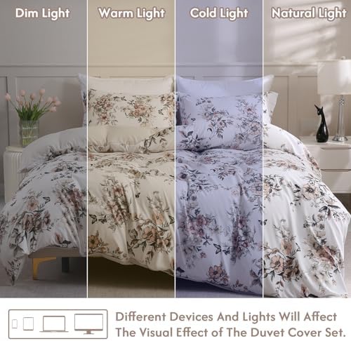 LONAVA Queen Floral 3 Pcs Duvet Cover Set, Breathable Soft Microfiber