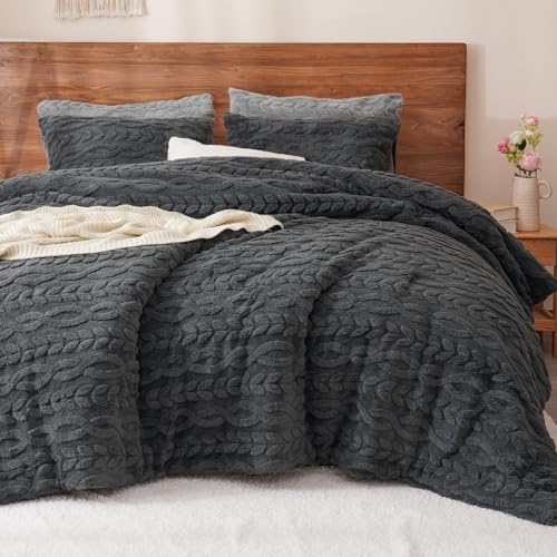 PHF Fluffy Sherpa Fleece Queen Comforter Set, 3 Pieces Warm Fuzzy Soft