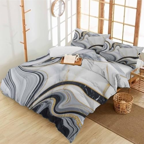 Duvet Cover Set Queen, Abstract Gray Marble Texture 3 Piece Bedding