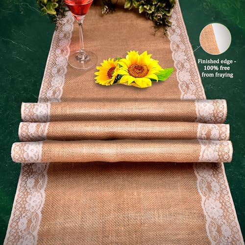 Burlap Lace Table Runner (Pack of 6) – 12”x 108” - No-Fray Finished