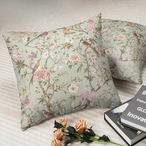 Green Floral Bird Pillow Covers 22x22 Set of 2 Chinoiserie Throw