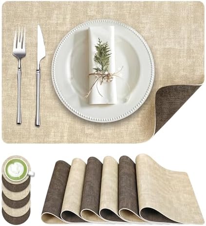Fyvva Placemats Set of 6 Wipeable Reversible Faux Leather with
