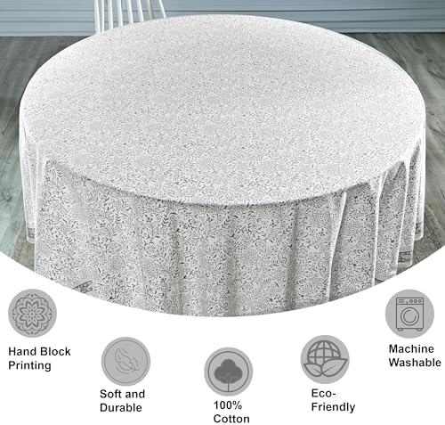 Ridhi Hand Block Print Round Tablecloth Taupe Jal 90 Inch 100% Cotton