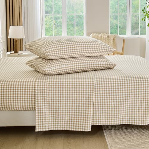 PURE ERA Tan Gingham Sheets Set 100% Washed Cotton Linen Like Full