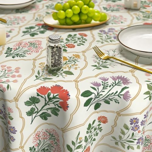 Horaldaily Tablecloth 70×70 Inch Round, Vintage Art Deco Floral Beige