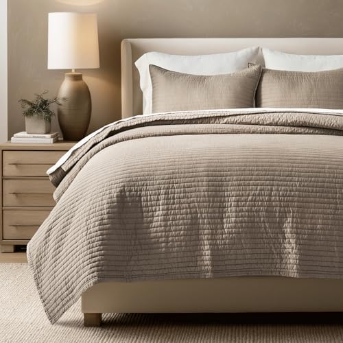 EVERGRACEHOME Cotton Sateen Quilt Set, King Size, Stone Taupe