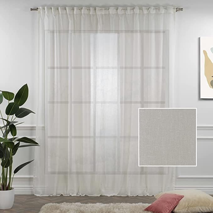 Extra Long Cream Linen Look Set of 2 Sheer Curtains Back Tab Home