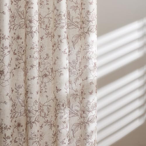 GIGIZAZA Linen Blend Living Room Curtains 96 Inch 2 Panels, Floral