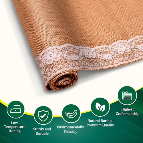 Burlap Lace Table Runner (Pack of 6) – 12”x 108” - No-Fray Finished