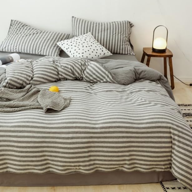 Gray White Striped King Duvet Cover Set 3-Piece 100% Cotton Ultra Soft