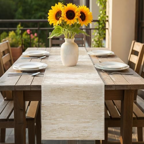 Beige Planks Table Runner, Farmhouse Vertical Wood Grain Washable