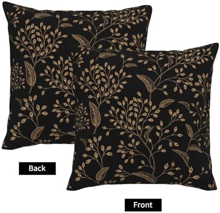 Boho Flowers Throw Pillow Covers Black Gold Floral Leaves Square