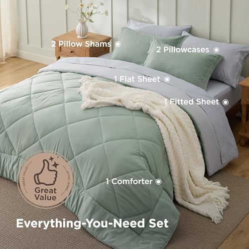 Bedsure Queen Bed in a Bag Reversible Bed Set 7 Pcs Sage Green/Light