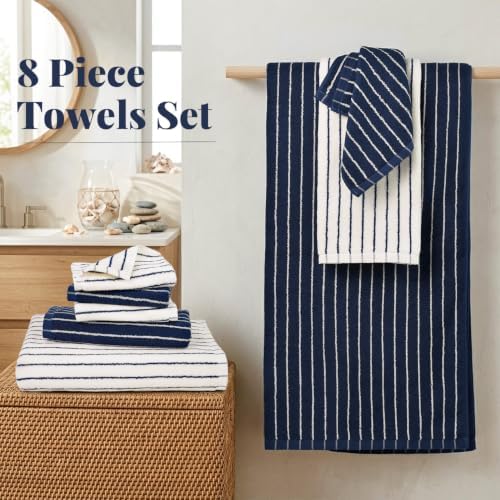 8-Piece Navy Blue and Ivory Towel Set, Cotton Striped Towels for