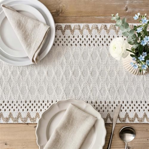 ZeeMart Macrame Side Trim Boho Woven Table Runner, Jute 12x108 Inch