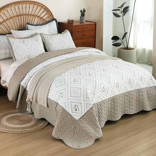 Cmfshape Floral Embroidery Quilt Set,3 Pieces King Size Quilt Bedding