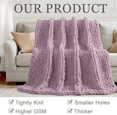 Chunky Knit Throw Blanket 50x60, 100% Handmade Chenille Yarn