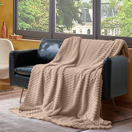 Vessia Flannel Fleece Throw Blanket(50x70 inch), 3D Jacquard Camel