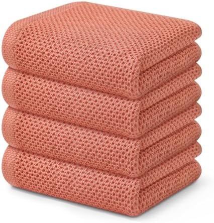Kitinjoy 100% Cotton Waffle 4-Pack Kitchen Towels, 13" x 28", Coral