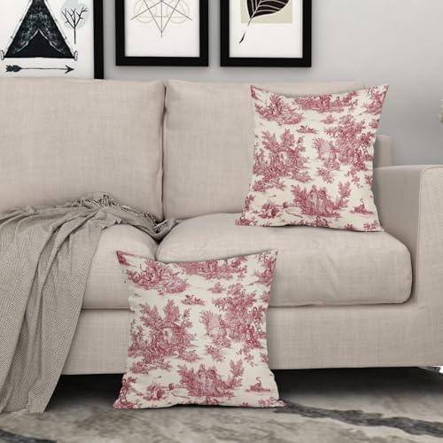 Red Toile Pillow Covers 18x18 Inch Set of 2 Burgundy and Beige French