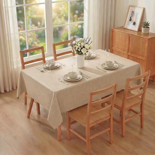 XWZO Faux Linen Textured Table Cloth - 60 x 102 Inch Beige Spillproof