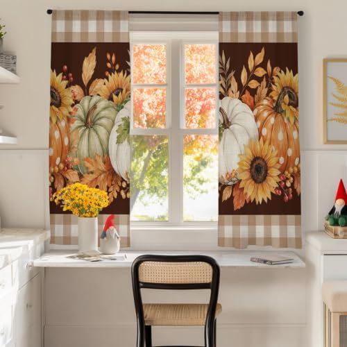 Thanksgiving Pumpkins Sheer Curtains 72 Inches Long, Fall Maple Leaves