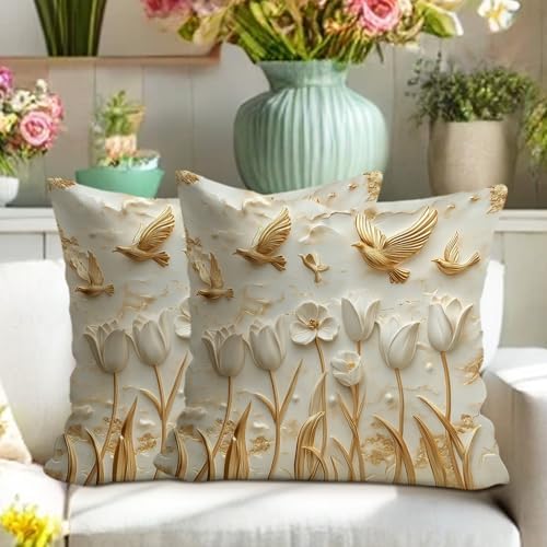 Spring Decorative Pillow Covers Set of 2, Cream and Gold Floral Throw