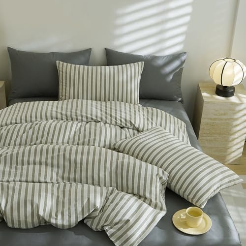 LifeTB Grey Striped Duvet Cover Set King, 100% Washed Cotton White
