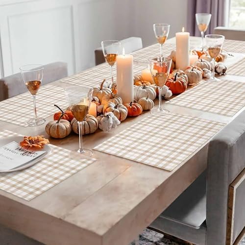 Placemats Set of 8, Farmhouse Pastoral Khaki Tartan Plaid Washable