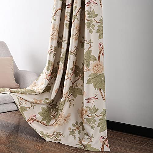 VOGOL Beige Floral Print Grommet Blackout Curtains, 52 x 63, 2 Panels