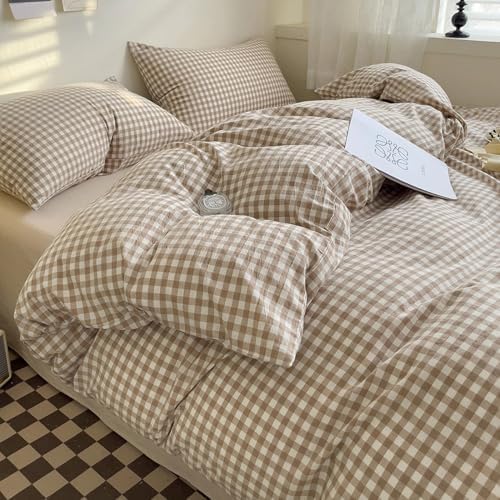 DONEUS Tan Gingham Duvet Cover Set Queen Size Bedding Set 100% Washed