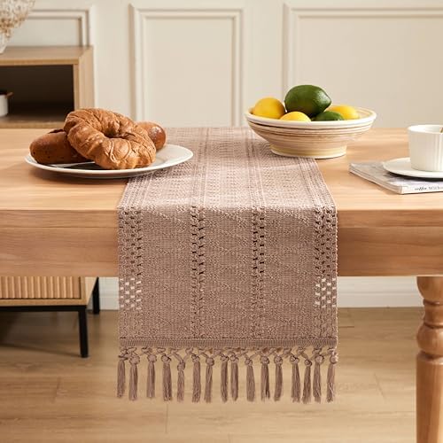 ZeeMart Macrame Style Boho Table Runner, 12x48 Inch Taupe