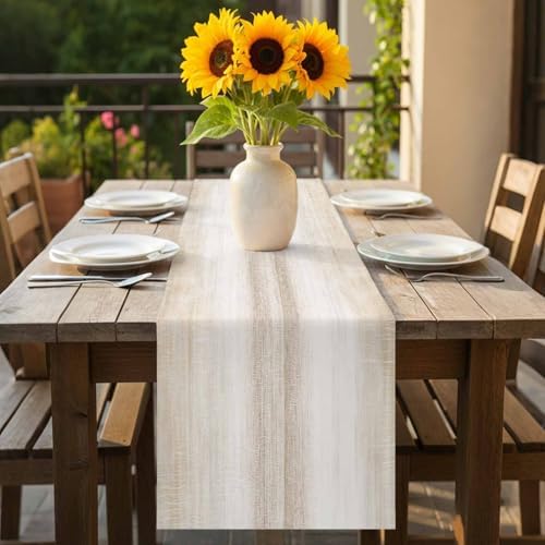 Khaki Table Runner 72 inches Long Abstract Light Beige Ombre Linen