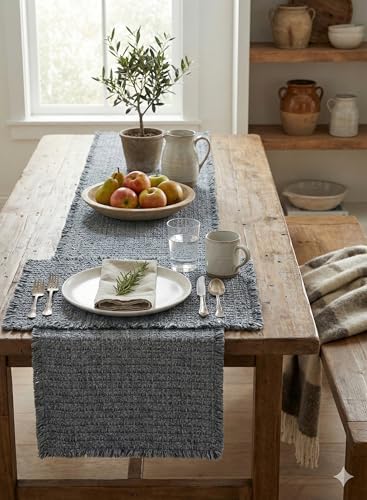 Textured Table Runner with Fringe, Gray, Cotton Woven Dining Table
