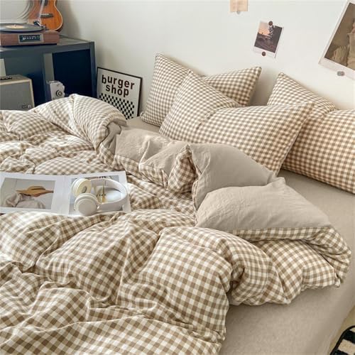Nayoroom Gingham Duvet Cover Set King Brown Tan Plaid Checkered