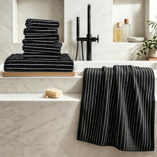Jacquotha 8 Piece Black Towels Set for Bathroom, Striped, Cotton