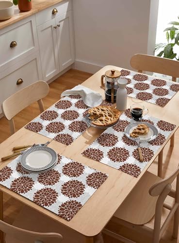 Placemats Set of 8, Brown Dahlia Woven Placemat, Linen Place Mats for