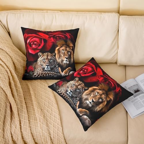 jejeloiu Leopard Throw Pillow Covers 22"x22" Set of 2 Soft Lion Rose