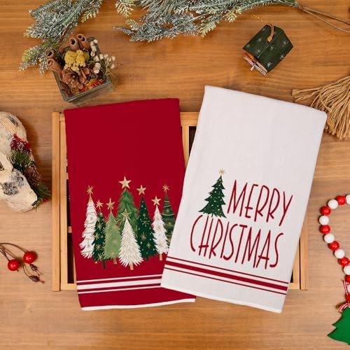 Merry Christmas Kitchen Towels Set of 2 Red Xmas Tree 18x26 inch