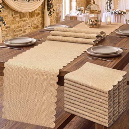 Jecery 10 Pack Scalloped Burlap Table Runners, 12 x 72 Inch