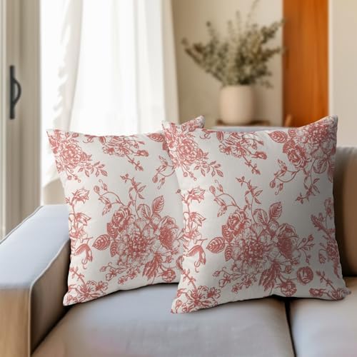 Coral Floral Pillow Covers 20x20 Inch Set of 2 Vintage Flower Coral
