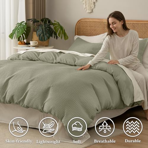 David's Home Textured Waffle Weave Duvet Cover Set, King Size, Dusty