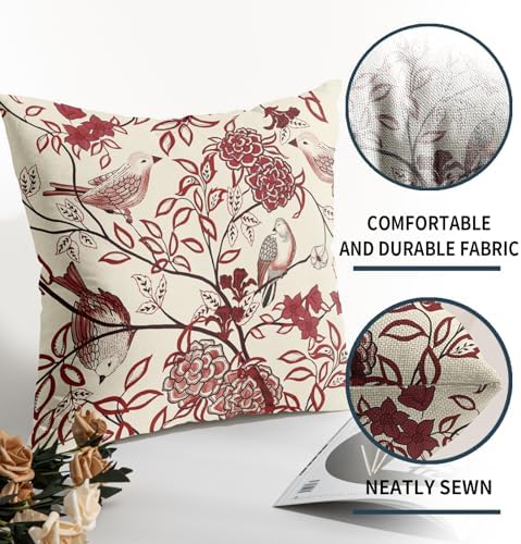 Burgundy Red Floral Pillow Covers 18X18 Inch Chinoiserie Vintage Bird