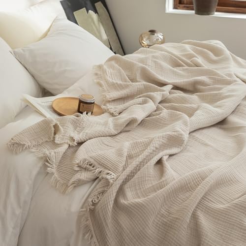 FOSSA Muslin Blanket 4-Layer 100% Cotton Gauze Blanket with Fringe