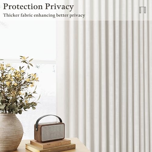 Short Beige White Linen Pinch Pleated Semi Sheer Curtains 63 Inch Long