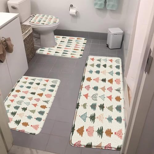 Christmas Bathroom Rug Set 4 Piece,Cute Xmas Tree Modern Colorful