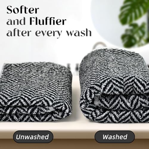 Cleanbear 8 Piece Black and White Herringbone Towel Set, 100% Cotton