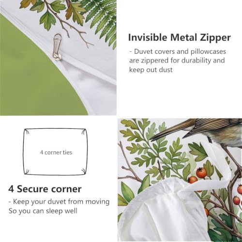 Sage Green Rural Watercolor Robin Duvet Cover Set for Women Girls