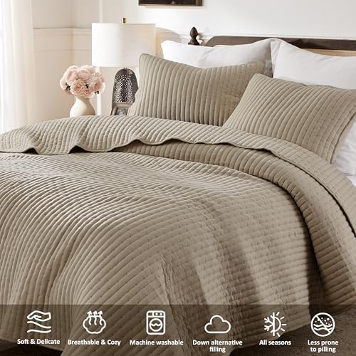 WDCOZY Dark Beige Cross Stitch King Size Quilt Set, Striped